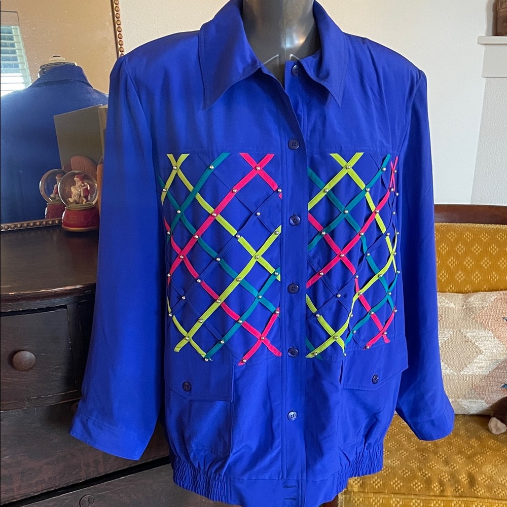 Vintage Diane Gilman 100% Silk Vibrant Blue Jacket with Colorful Lattice Design